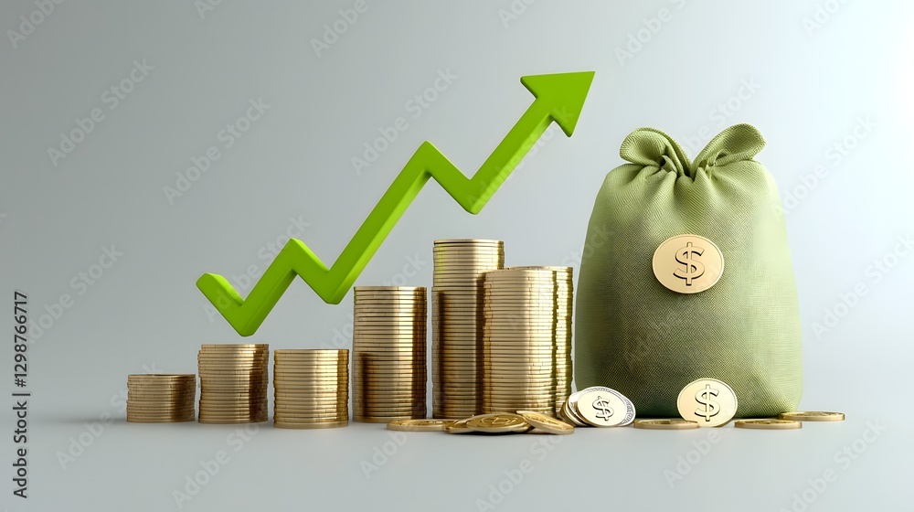 Poster visualization of economic prosperity with stacks of gleaming gold coins a money sack with a dollar e