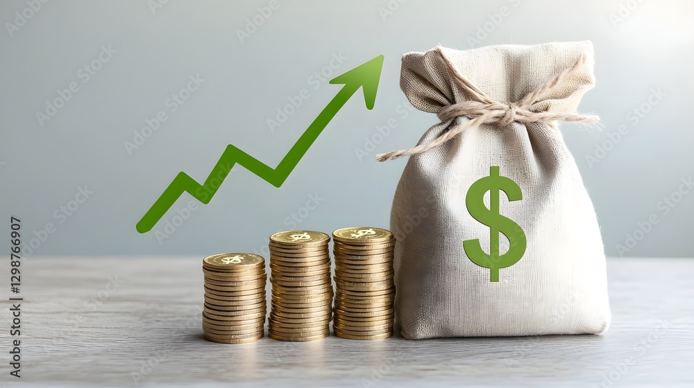 Poster conceptual image depicting the rising wealth and economic growth featuring a stack of metallic gold 