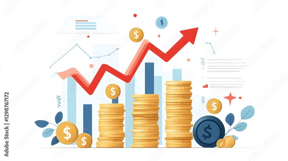 Poster symbolic representation of financial prosperity featuring neatly stacked gold coins progressively ri