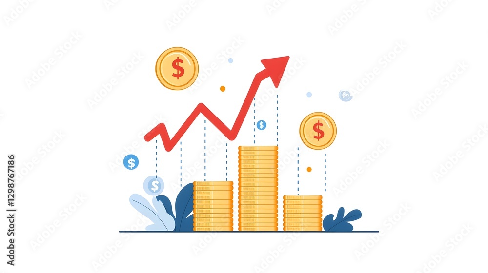 Poster visual representation of financial prosperity showcasing stacked gold coins progressively rising and