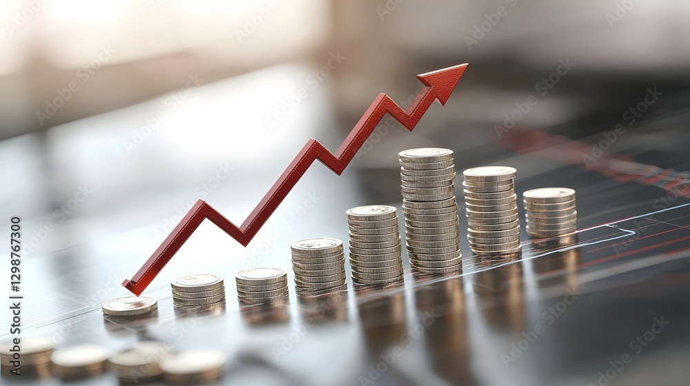 Poster A futuristic financial growth depiction with metallic gold coin piles arranged in an increasing manner highlighted by a dynamic red upward trending arrow that follows a zigzag path