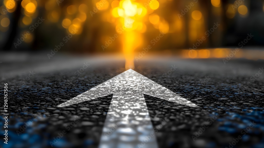 Poster low angle shot of a bold white arrow painted on an asphalt road illuminated by the warm glow of a se