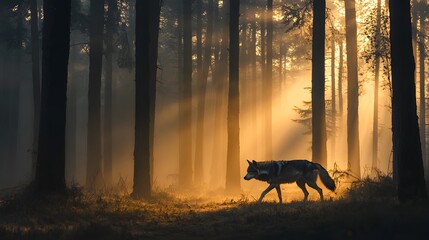 Lone Wolf Walking Through Atmospheric Forest with Sunlight Rays