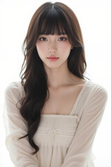 Fototapeta premium Female Asian Model with Long Hair - Young Beautiful Woman with Wavy Hair - Studio Portrait of Asian Beauty for Fashion, Cosmetic, Skincare - Posing on White Background - Smooth Styled Hair with Bangs