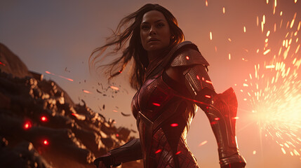 Action shot with woman in the sci-fi battle scene, superhero surrounded by sparkles. Dynamic scene in action movie blockbuster style.