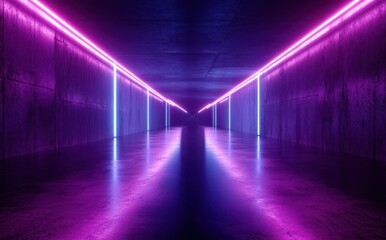 Fototapeta premium Neon-lit corridor with vibrant purple and blue lights casting reflections on a smooth floor creating a futuristic and mesmerizing atmosphere