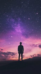 Fototapeta premium man looking night sky purple glow