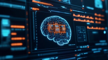Futuristic AI Brain Visualization with Display Elements and Data Flow