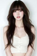 Fototapeta premium Female Asian Model with Long Hair - Young Beautiful Woman with Wavy Hair - Studio Portrait of Asian Beauty for Fashion, Cosmetic, Skincare - Posing on White Background - Smooth Styled Hair with Bangs