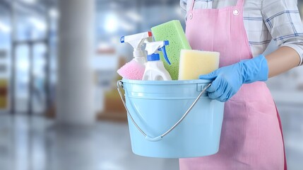 Confident and Professional Housekeeper Carrying a Bucket Full of Essential Cleaning Supplies for Maintaining a Spotless and Hygienic Household