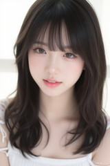 Fototapeta premium Female Asian Model with Long Hair - Young Beautiful Woman with Wavy Hair - Studio Portrait of Asian Beauty for Fashion, Cosmetic, Skincare - Posing on White Background - Smooth Styled Hair with Bangs