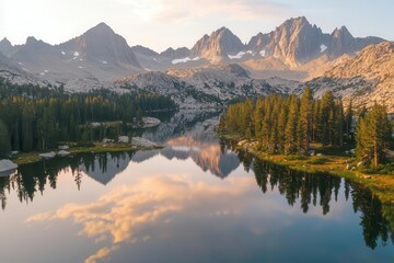 Fototapeta premium aerial drone shot of pristine alpine lake reflecting towering granite peaks at golden hour, with ancient pine trees lining shoreline and subtle mist rising from glassy water surface