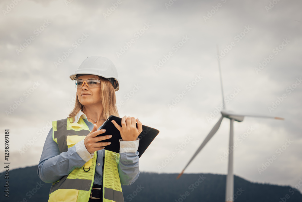 Poster a dedicated female engineer is passionately working on a wind farm project, using advanced machinery