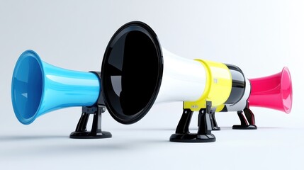 Four colored megaphones on a light background