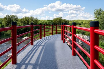 Fototapeta premium A colorful 3D visualization of a curved pedestrian bridge over a scenic river