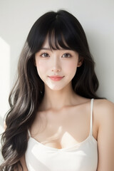 Female Asian Model with Long Hair - Young Beautiful Woman with Wavy Hair - Studio Portrait of Asian Beauty for Fashion, Cosmetic, Skincare - Posing on White Background - Smooth Styled Hair with Bangs