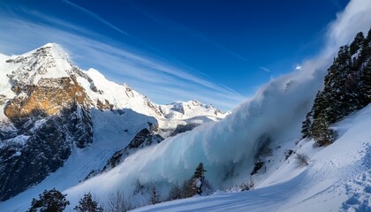 Obraz premium awe-inspiring spectacle of nature in motion is captured in breathtaking drama of an avalanche descending a mountain slope, with majestic peaks and turbulent snow