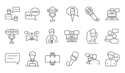 A set of minimalist line icons representing interviews, journalism, and media communication. Includes microphone, reporter, speech bubble, discussion, and broadcasting elements. Editable strokes