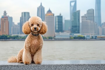 The majestic standard poodle stands proudly, silhouetted by the breathtaking hues of a sunset over the bustling city skyline.