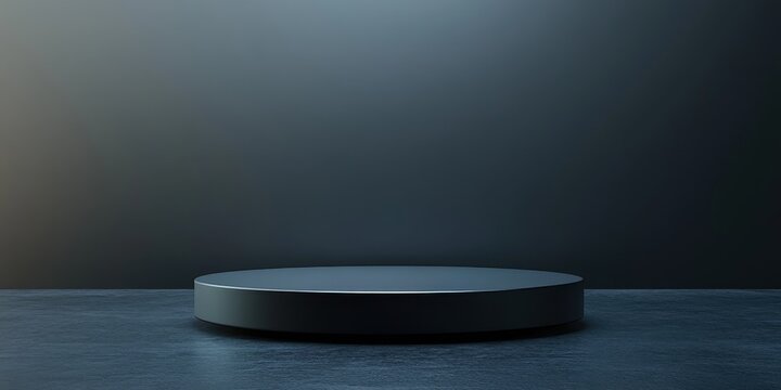 Round display podium on dark surface with minimalist background suitable for showcasing products or artwork in a professional setting