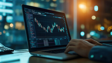 person analyzing financial data on laptop with digital chart at night