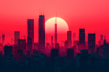 Obraz premium Stunning skyline silhouetted against a vibrant red sunset in an urban setting.