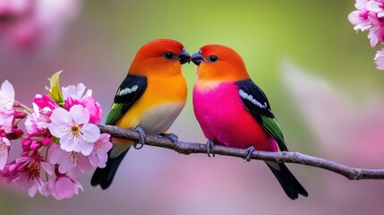 Two birds are perched on a branch of a pink flower. The birds are brightly colored and appear to be enjoying each other's company