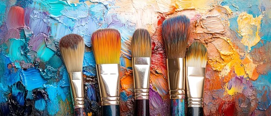Fototapeta premium Colorful paintbrushes, vibrant watercolors, and a neatly organized palette placed on white paper, ideal for showcasing artistic supplies for painters and artists