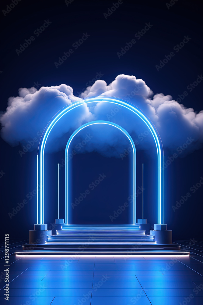 Poster neon arch in dark blue lights room with clouds. abstract background for party stage or product displ