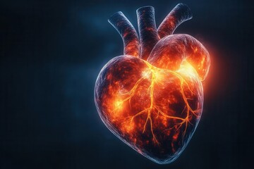 anatomically detailed 3d heart rendering with pulsing glow effect, floating against deep black background with subtle arterial details and soft volumetric lighting highlighting muscle texture