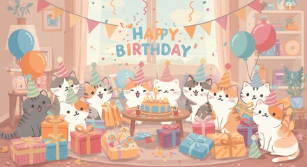 Obraz premium Celebrating a Fun Birthday Party with Adorable Cats and Colorful Decorations