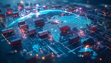 Obraz premium Dynamic isometric logistics scene with tiny figures coordinating shipments across a globe model