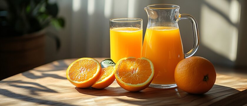 Fresh Orange Juice Concept with Glass Jug and Sliced Orange - Healthy Citrus Drink Image