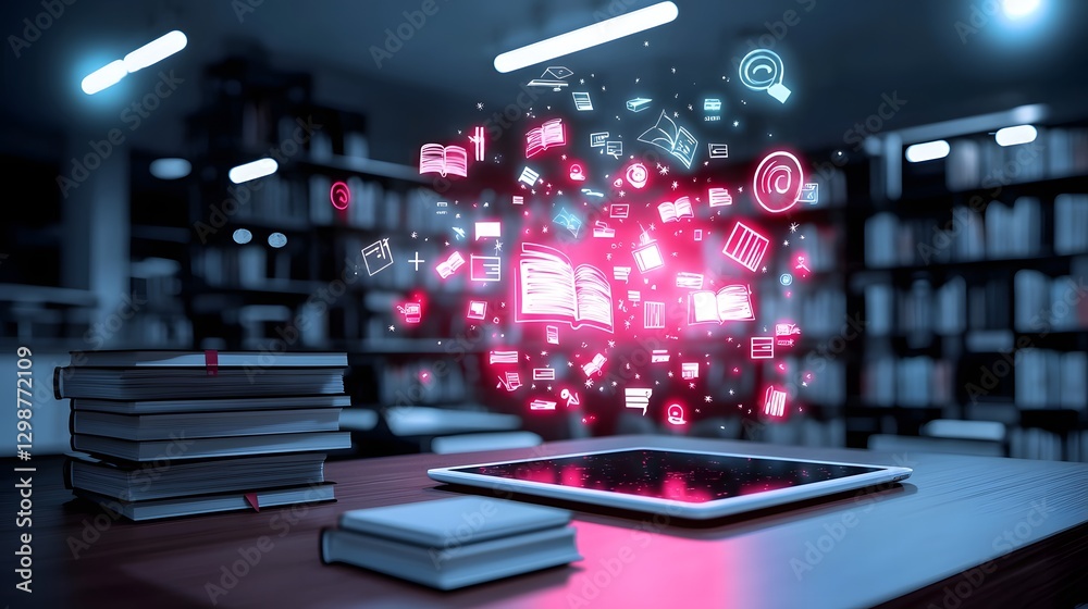 Aufkleber futuristic holographic tablet projecting glowing educational symbols and floating books above its sc