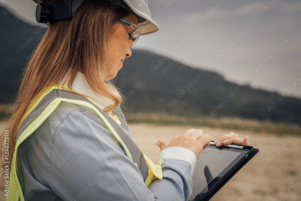 Poster a skilled female engineer is utilizing a tablet to effectively manage her project in an outdoor sett