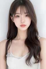 Fototapeta premium Female Asian Model with Long Hair - Young Beautiful Woman with Wavy Hair - Studio Portrait of Asian Beauty for Fashion, Cosmetic, Skincare - Posing on White Background - Smooth Styled Hair with Bangs