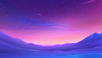 Obraz premium Scenic digital artwork depicting a serene landscape under a vibrant night sky filled with stars and colorful gradients of purple, pink, and blue hues