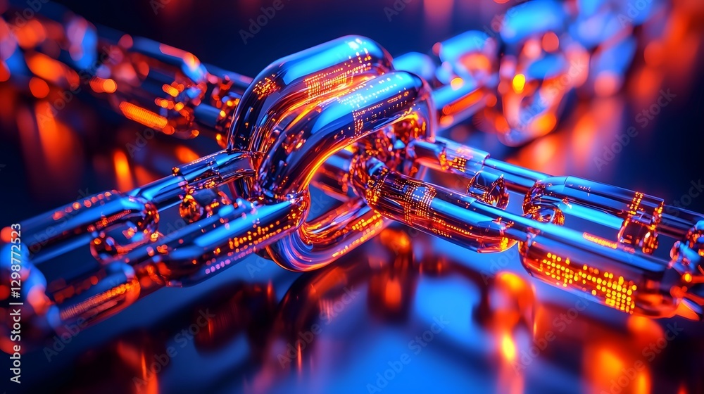Aufkleber Futuristic cyber enhanced blockchain security chain with radiant encrypted links suspended over vivid digital data streams symbolizing immutable and decentralized security technology  Glowing