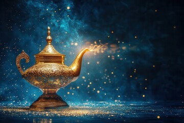 ancient ornate golden oil lamp with intricate arabesque patterns, emitting warm ethereal light against deep blue backdrop with geometric islamic motifs, creating a mystical ramadan ambiance