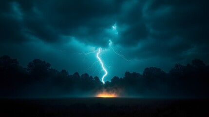 Obraz premium Lightning strike in dark stormy forest