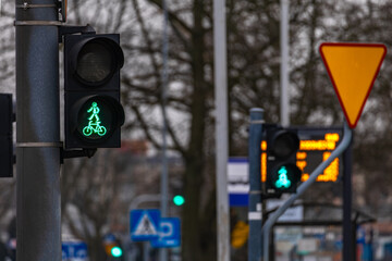 Traffic lights at pedestrian crossing, red light, green light, danger on the road, traffic light on...