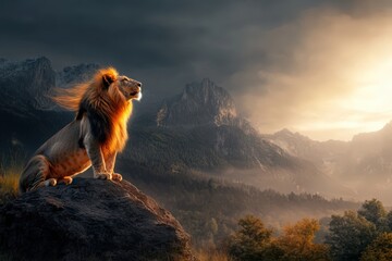 Obraz premium Majestic Male Lion Silhouette Roaring at Sunset in Rugged African Wildlife Landscape