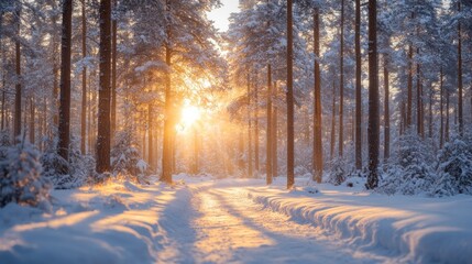 Naklejka premium Sunlight streams through snowy woods in winter; road trail under sunlit forest