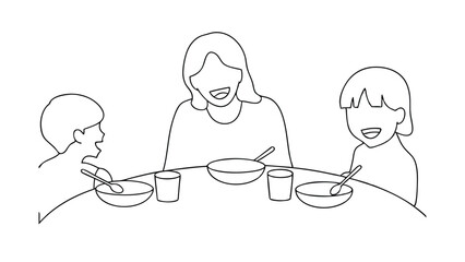 A simple line drawing shows a mother and two children happily eating breakfast together at a round table. They have bowls, spoons, and drinks.