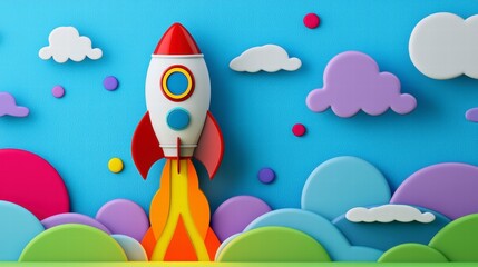 Colorful Paper Craft Rocket Launching Against Blue Sky