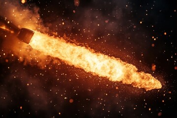 space shuttle launching, showing the intense flames and smoke billowing from the rocket boosters