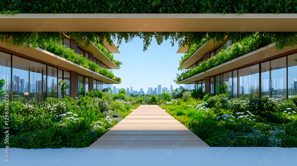 Poster modern architecture framed by greenery and a city skyline backdrop