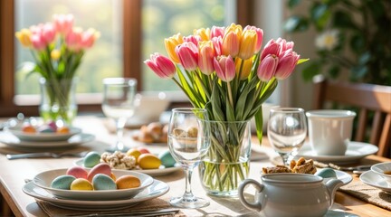Bright Easter breakfast scene with a beautifully arranged table featuring fresh spring tulips, pastel-colored eggs, and delicious desserts. Sunlit setting with a cozy, celebratory ambiance.