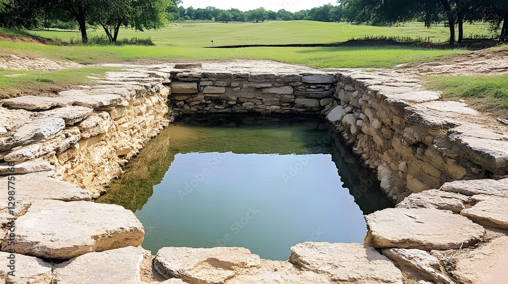Poster stone-lined water basin surrounded by greenery and open fields