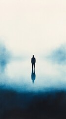 man reflection blue lake